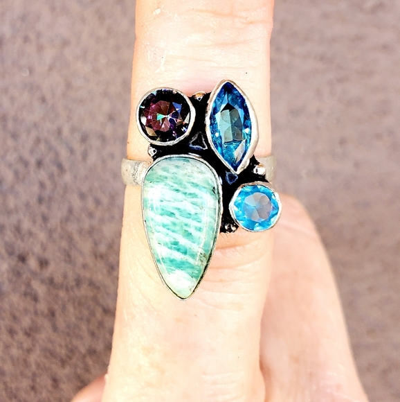 New Amazonite, Blue Quartz, Mystic Topaz 925 Silver Ring. - Picture 4 of 14